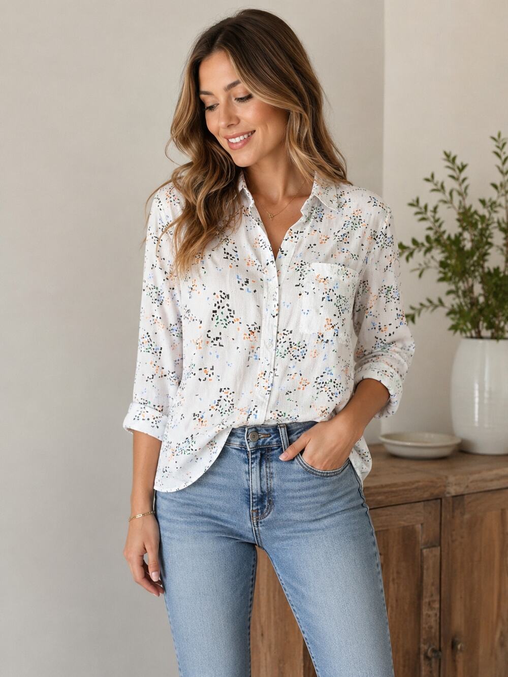 Velvet Heart Blouse M White Geometric Print Rayon Button Front Lightweight